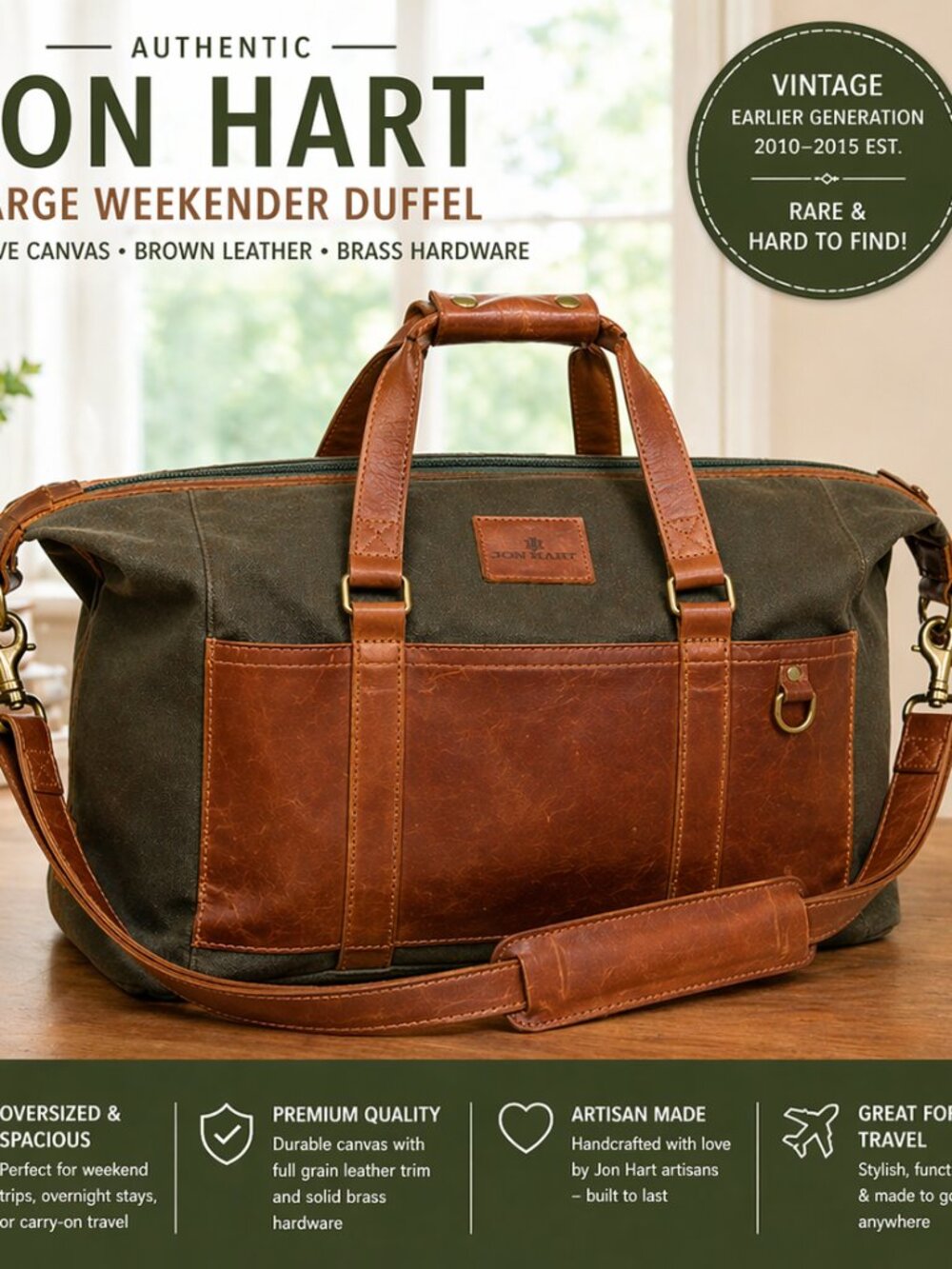 Vintage Jon Hart Large Weekender Duffel Bag Olive Canvas Brown Leather Strap